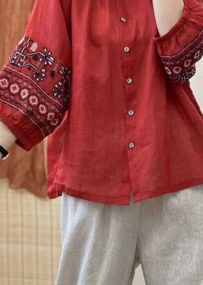 Retro Red Embroidered Button Patchwork Linen Shirt Top Lantern Sleeve
