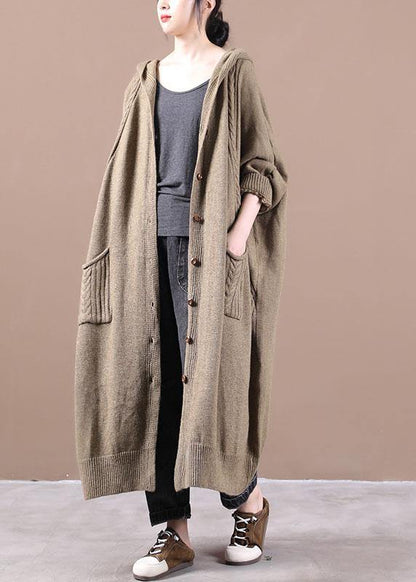Khaki Button Pockets Fall Long Cardigans Coat