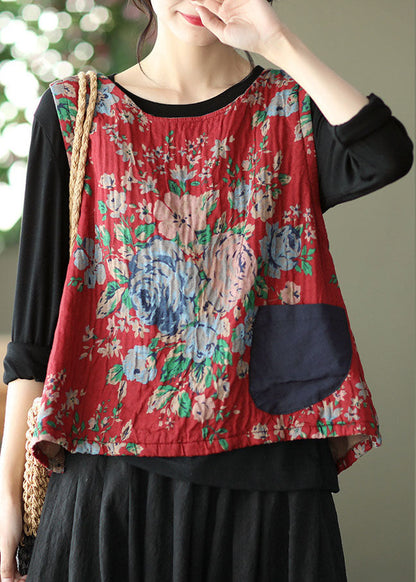 Red Linen Vest O-neck Pocket Patchwork Sleeveless
