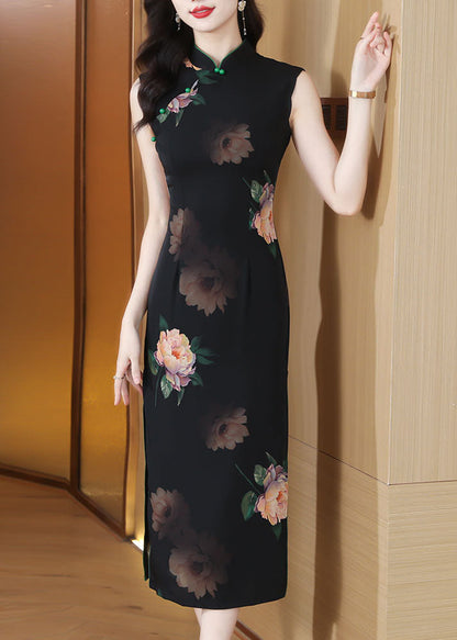 Black Stand Collar Print Side Open Chiffon Dresses Sleeveless