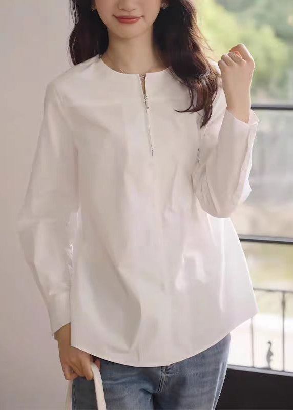 White O-neck Zip Up Cotton Shirt Fall