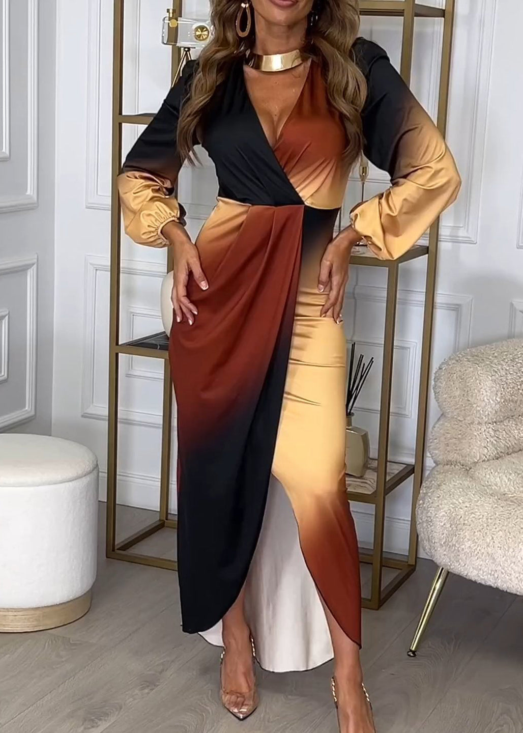 Stylish Gradient Color V Neck Side Open Patchwork Cotton Dress Fall