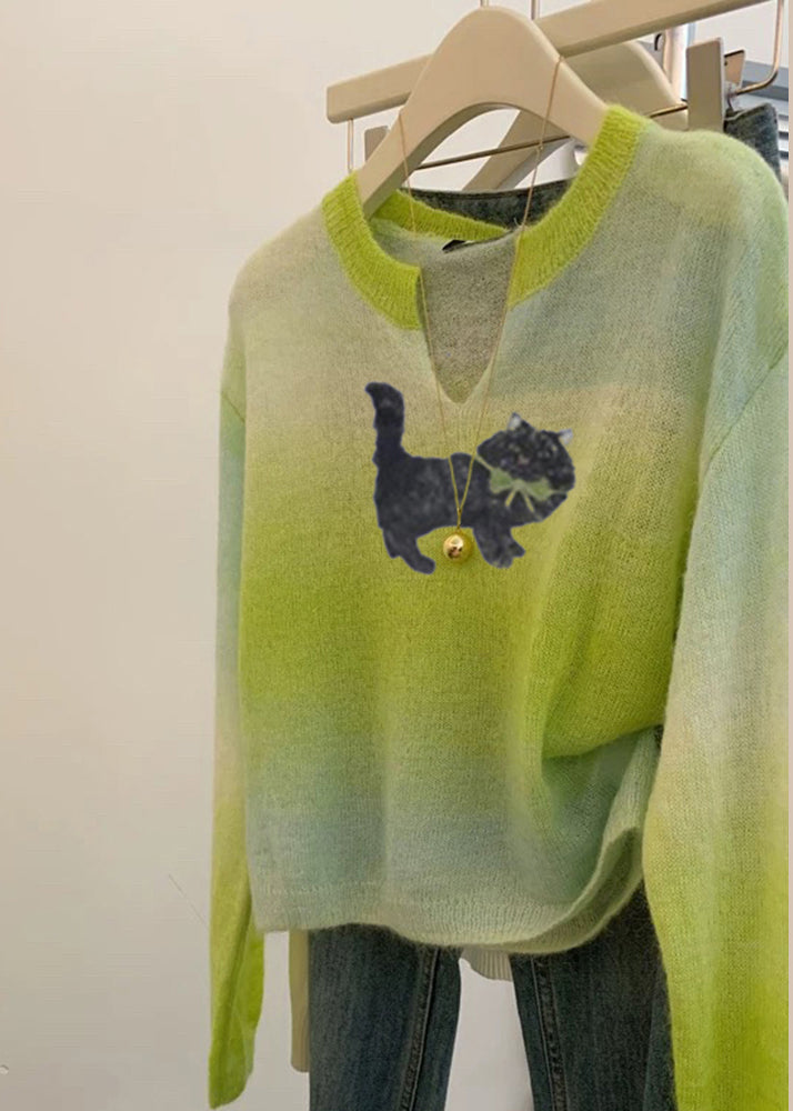 Grass Green V Neck Tie Dye Knit Sweater Spring