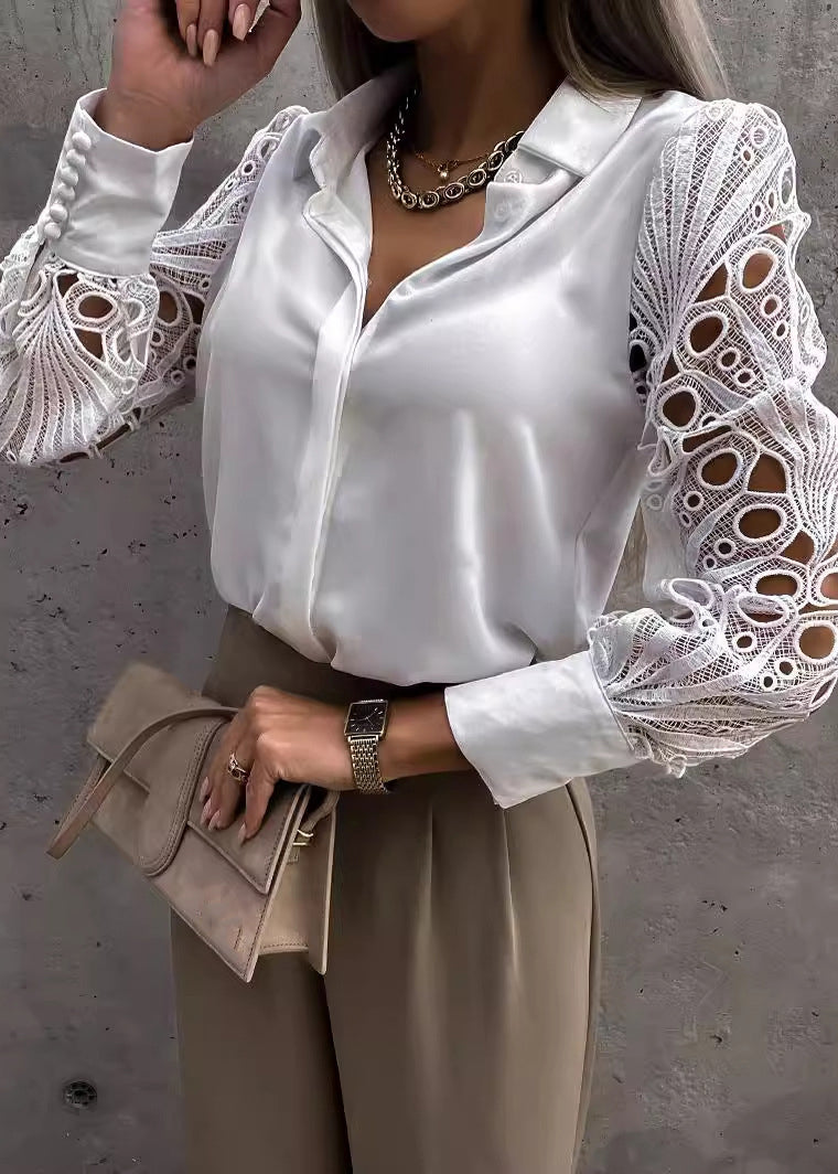 Style White Hollow Out Lace Patchwork Chiffon Shirt Tops Fall