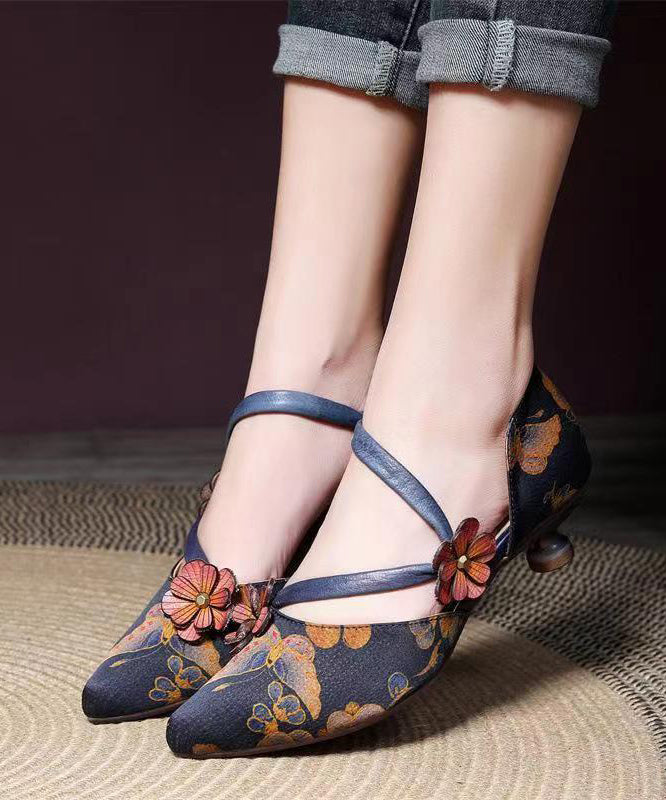 Blue Retro Print High Heels Pointed Toe