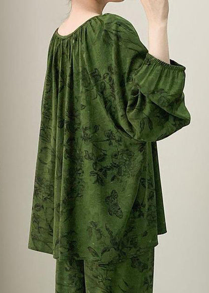 Green Print Lace Up Cotton Pajamas Two Pieces Set Fall