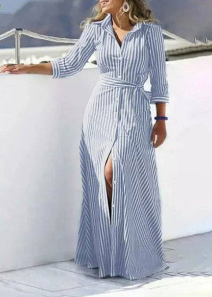 Black Striped Tie Waist Maxi Shirts Dress Three Quarter Sleeve