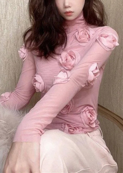 Pink Turtleneck Tulle T Shirt Spring