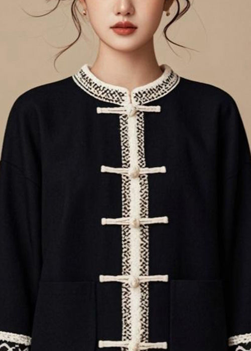 Italian Black O-neck Button Patchwork Cotton Coat Fall
