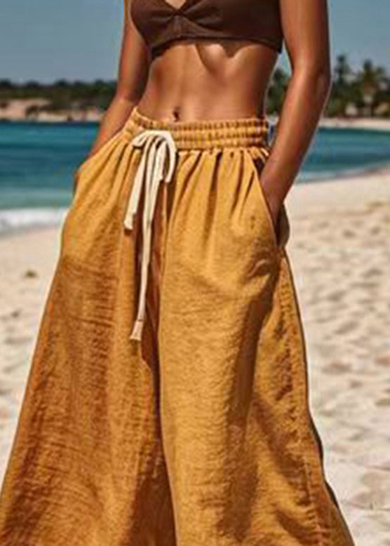 Khaki Patchwork Elastic Waist Wide Leg Pants