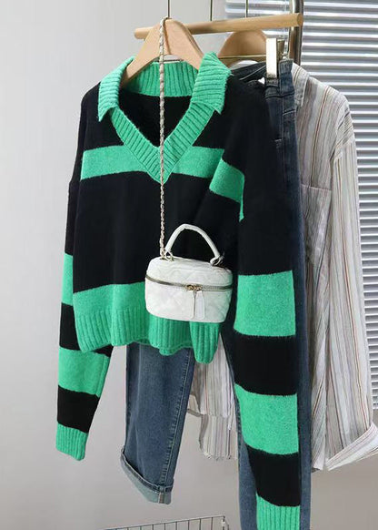 Striped Green Peter Pan Collar Cozy Knit Short Sweater Fall