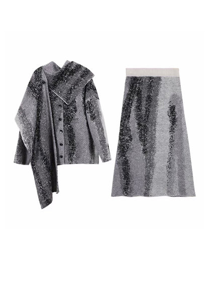 Natural Grey Print Wool Cardigan ,scarf and Maxi Skirts Three Piece Set Spring