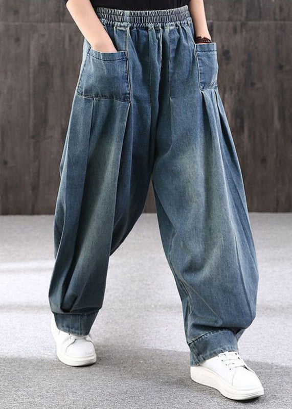 Blue Patchwork Pockets Denim Lantern Pants Summer