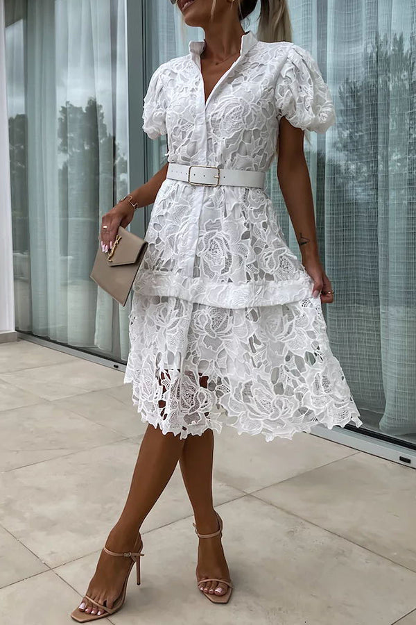 Absolutely Crochet Lace Puff Sleeve Belted Shirt Midi Dress