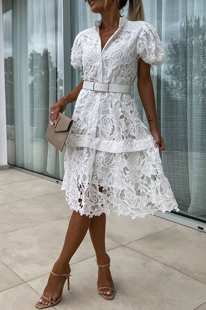 Absolutely Crochet Lace Puff Sleeve Belted Shirt Midi Dress
