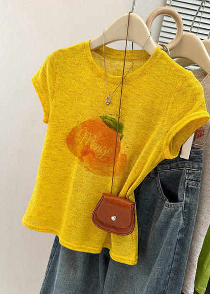 Slim Fit Yellow O-neck Print T Shirt Summer