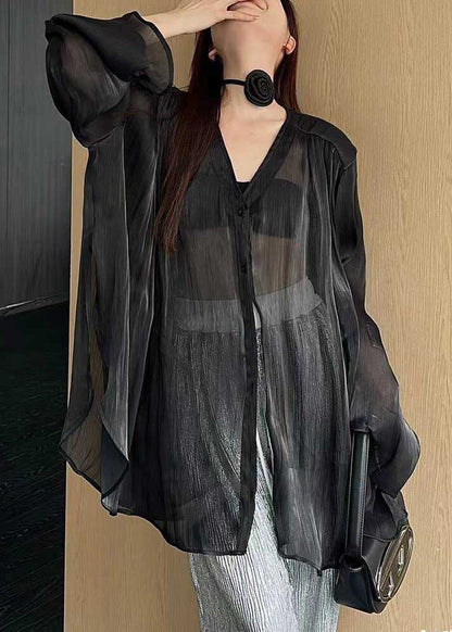 Natural Black V Neck Tie Waist Shirts Long Sleeve