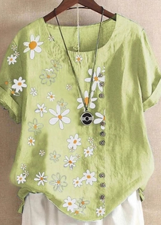 Loose Green O Neck Print Patchwork Cotton Blouses Top Summer
