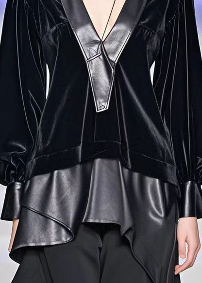 Black Asymmetrical Faux Leather Patchwork Silk Velour Shirt Top Fall