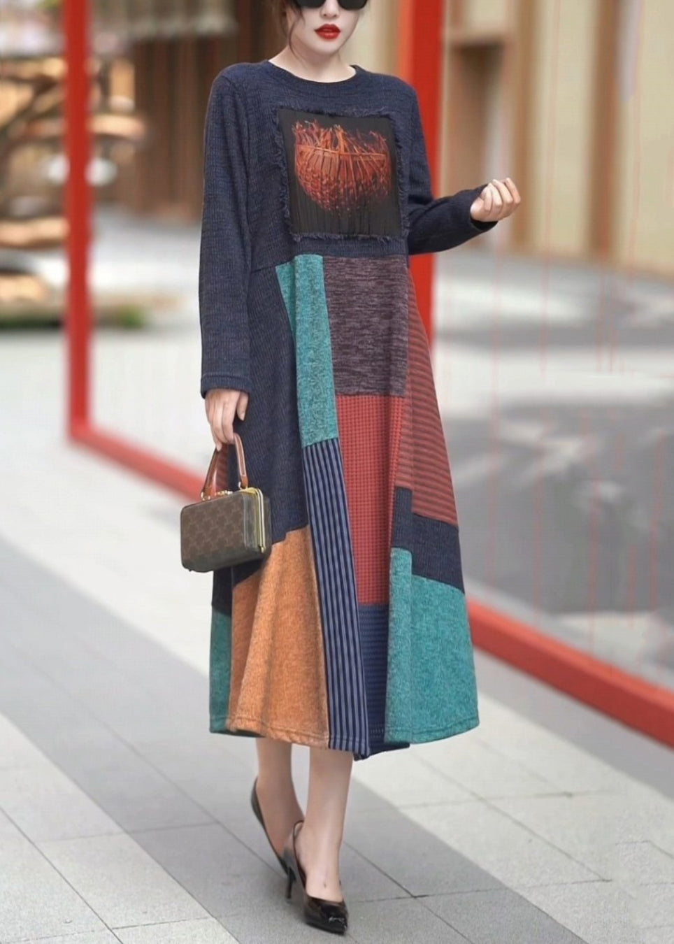 New Navy O-neck Patchwork Knit Long Dresses Winter