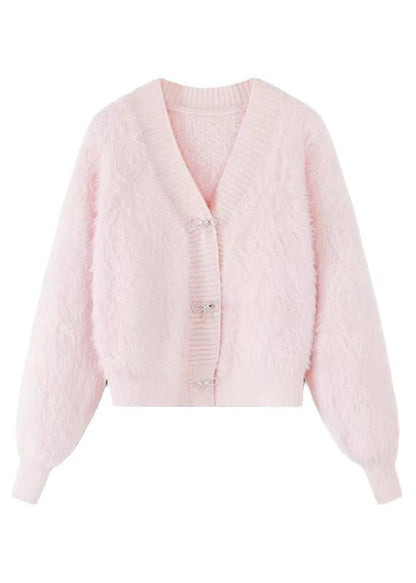 Pink V Neck Button Mink Hair Knitted Cardigan Spring