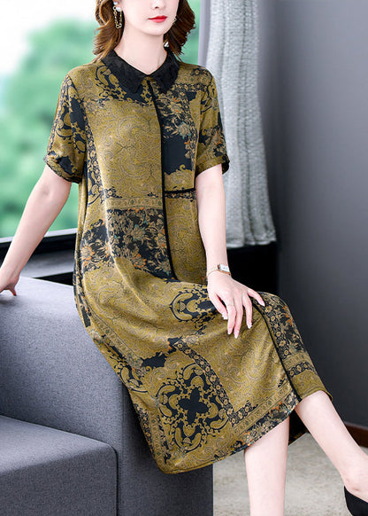 Green Peter Pan Collar Print Silk Dress Summer