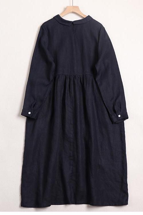 Linen Color Doll Collar Long Sleeves Dress