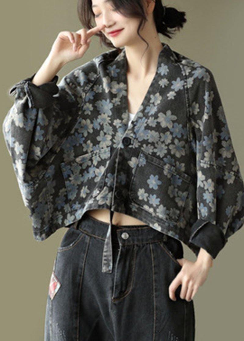 Handmade Black Pockets Denim Long Sleeve Short Coats