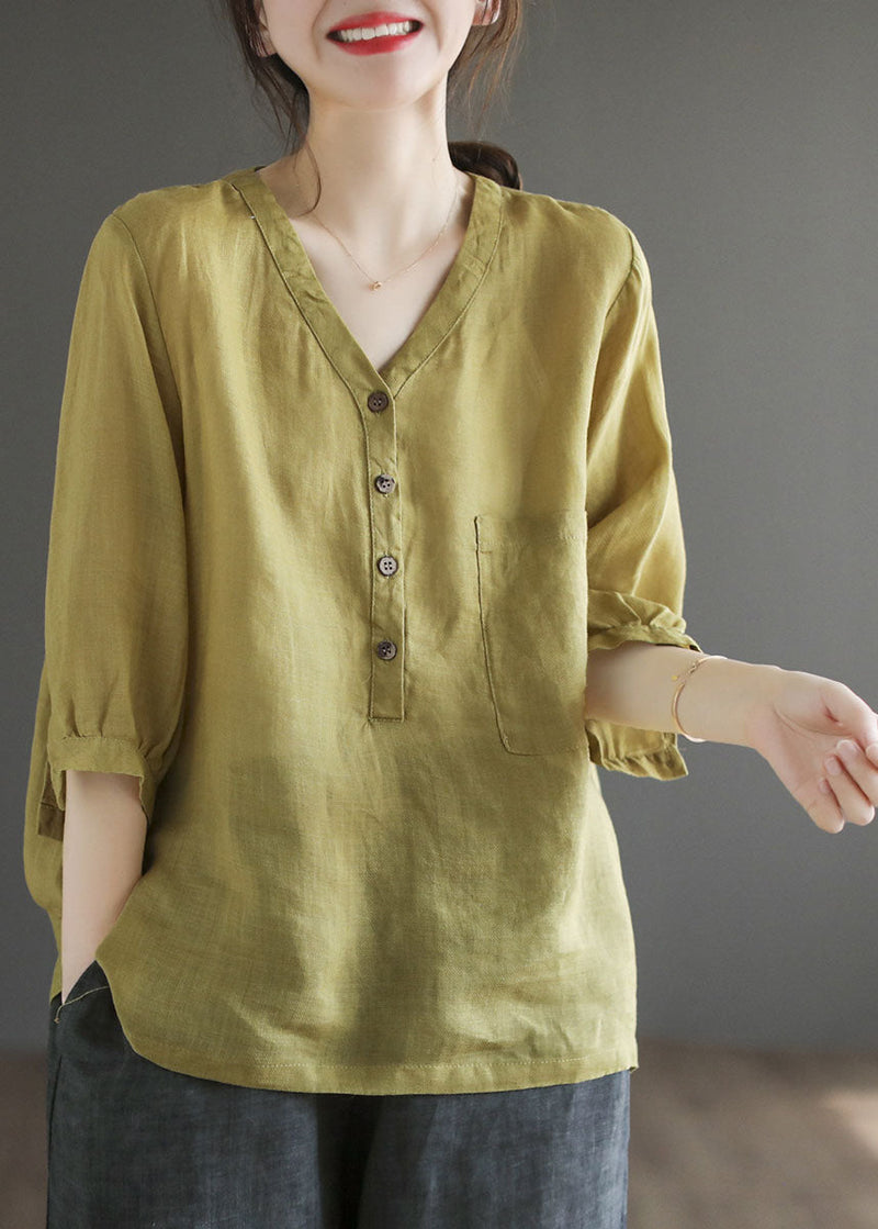 Yellow Green V Neck Button Color Linen Shirts Bracelet Sleeve