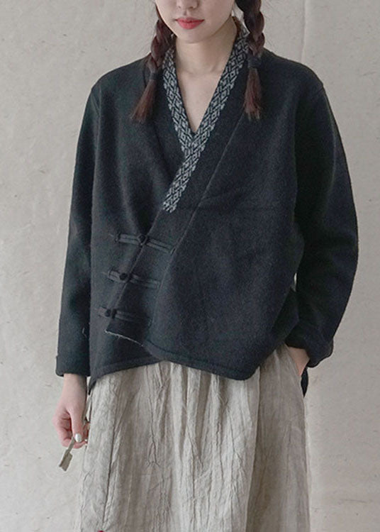 Simple Black Button Embroidered Asymmetrical Design Fall Knit Sweater