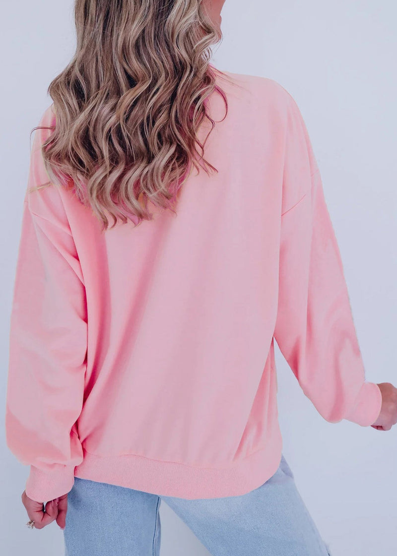 Style Pink O Neck Embroidered Cotton Pullover Sweatshirt Winter