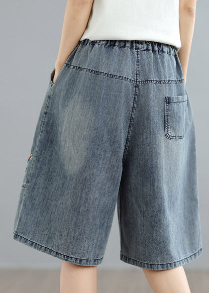 Blue Embroidered Pockets Denim Shorts Summer
