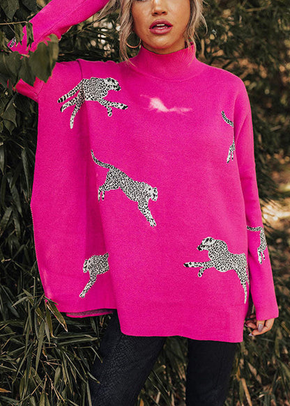 Rose Hign Neck Side Open Knit Sweaters Batwing Sleeve