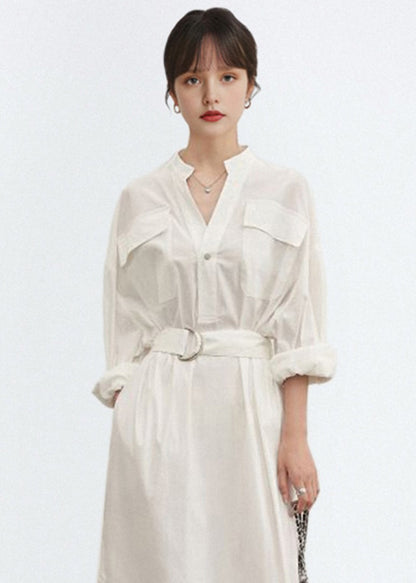 White V Neck Tie Waist Cotton Shirts Dress Fall
