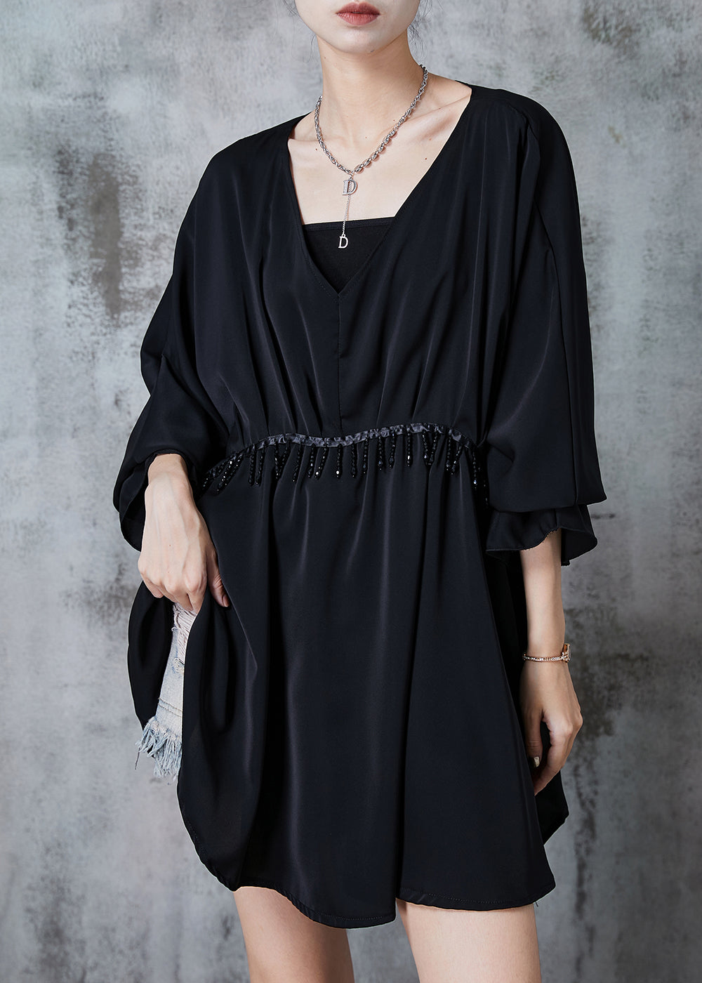 Black V Neck Tasseled Chiffon Dresses Summer