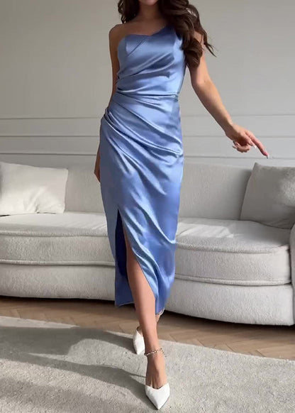 Green One Shoulder Side Open Slim Fit Silk Dress Sleeveless