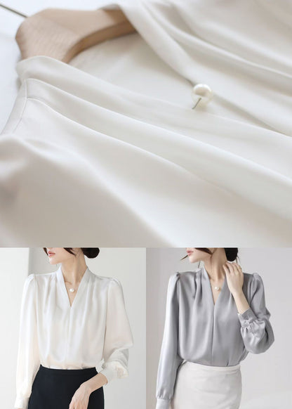 Simple Grey V Neck Button Silk Blouses Fall