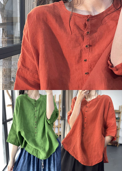 Italian Red O-neck Asymmetrical Design Linen Shirts Three Quarter Sleeve
