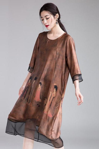 Coffee Quilted Loose Dresses