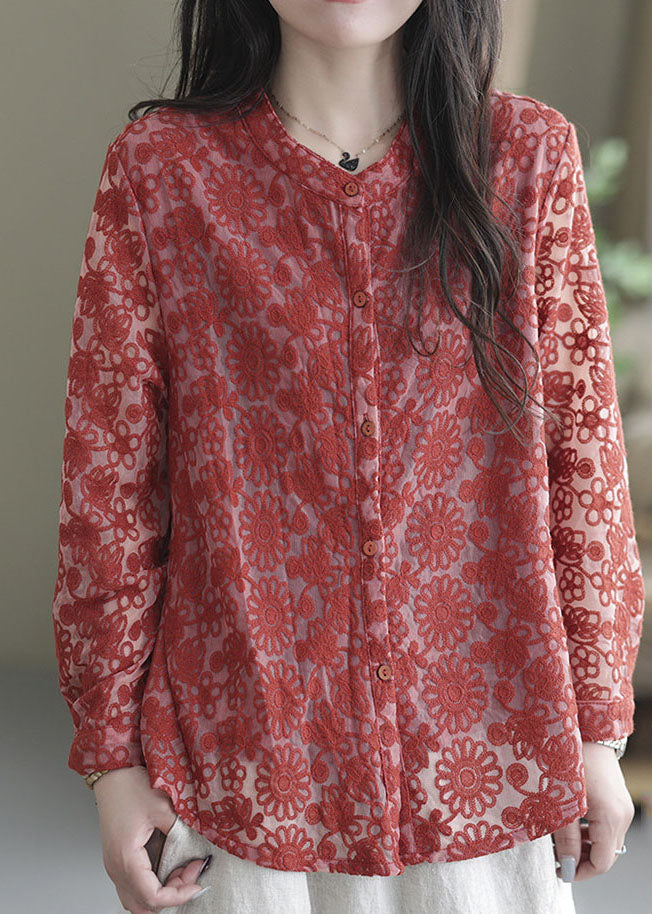 Organic Red O-neck Embroidered Lace Shirt Tops Spring