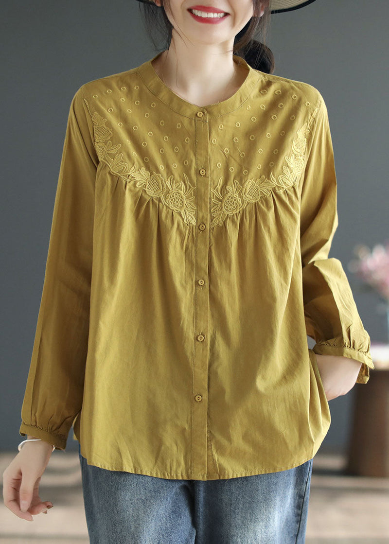 Organic Green O Neck Embroidered Cotton Shirts Spring