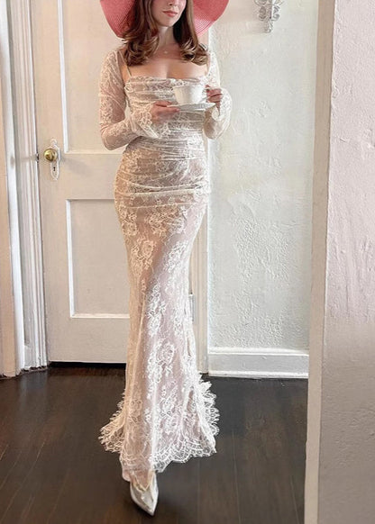 New White Long Sleeved Cape Lace Spaghetti Strap Dress Set