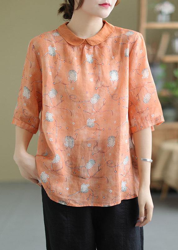 Modern Green Peter Pan Collar Print Summer Ramie Half Sleeve Tops