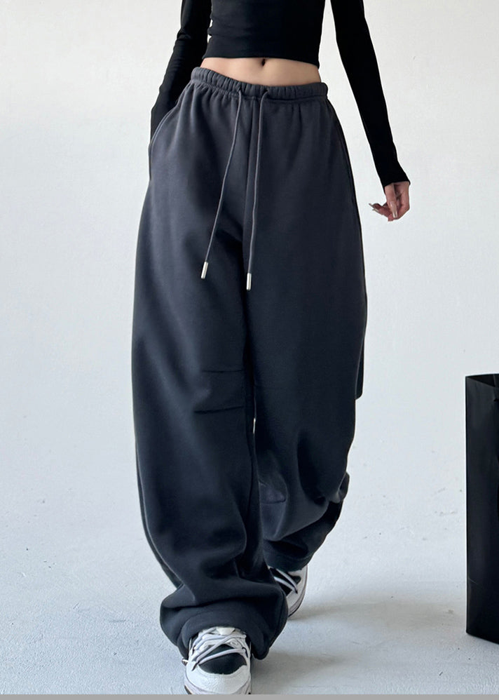 Yellow Patchwork Elastic Waist Warm Fleece Straight Pants Spring