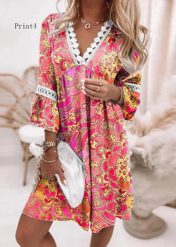 V Neck Print Patchwork Cotton Mid Dresses Summer