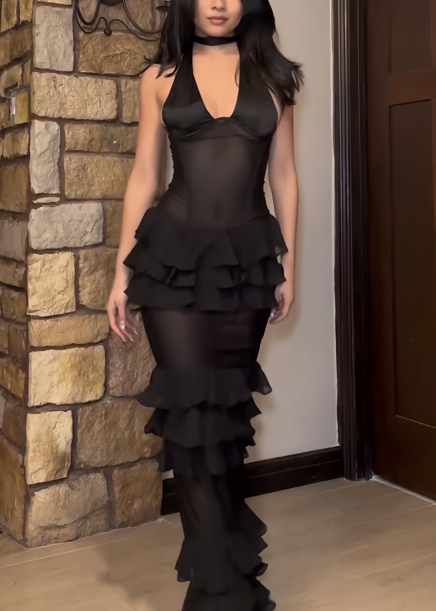 Black V Neck Ruffled Tulle Maxi Dresses Sleeveless