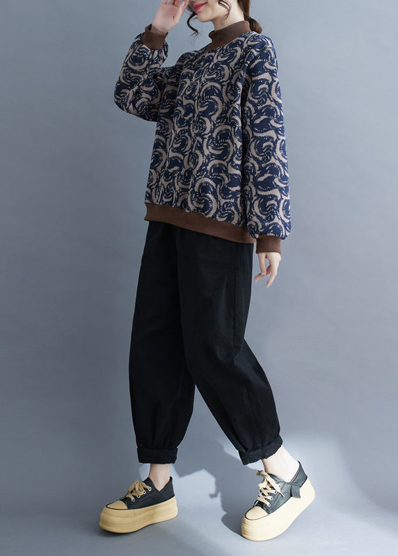 Navy Print Patchwork Warm Fleece Sweatshirt Top Spring