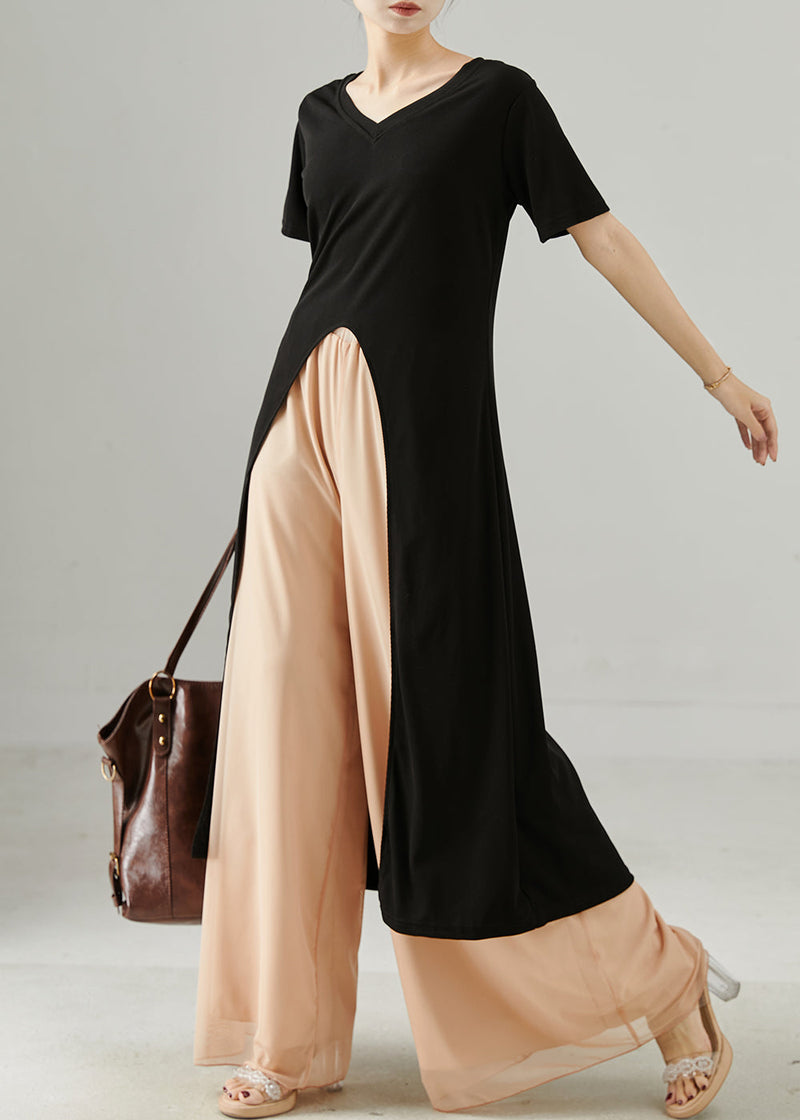 Black Side Open Long Tops and Chiffon Straight Pants Two Piece Set Summer