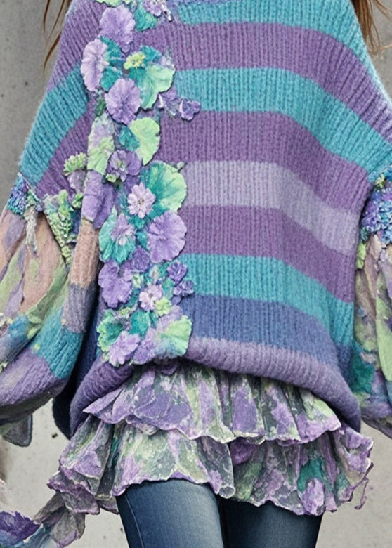 Original Design Purple Oversized Patchwork Sweaters Batwing Sleeve