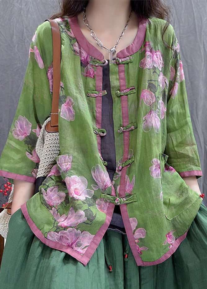 Purple Print Chinese Button Cotton Shirt Top Summer